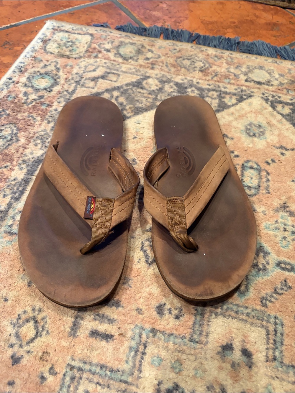 Rainbow Men’s Brown Leather-Style Flip Flops - Tan Straps